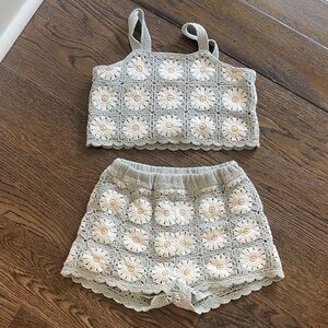 Rylee + Cru Gray and Cream Crochet Kids Matching Set